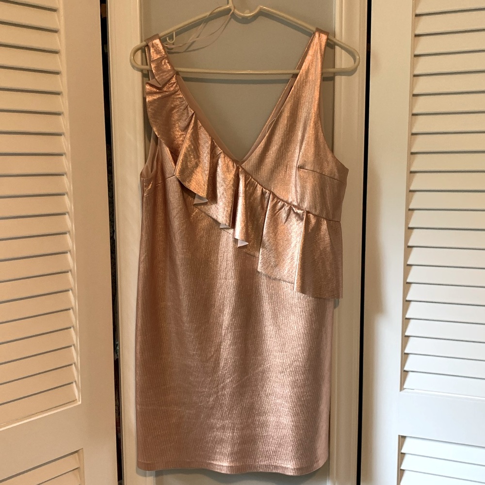 Zara (M) Metallic Rose Gold Mini Dress with Ruffle